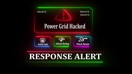 Power Grid Hacked response notification on digital interface in data center server room with isolate node initiate backup patch route options animation on black background. - Powered by Adobe