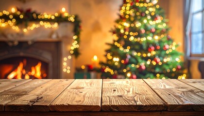 Vintage Christmas tree tabletop decoration in an empty wooden room with bokeh light