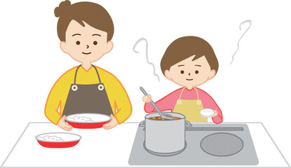 女の子と一緒に料理をする女性