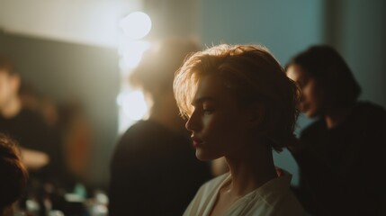 Young woman model with short blond hair having makeup or hair styled backstage, preparing for a show or event in a soft lit changing room with professional assistance
