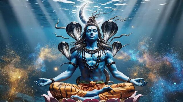 Lord Shiva meditating peacefully underwater in a cosmic galaxy.