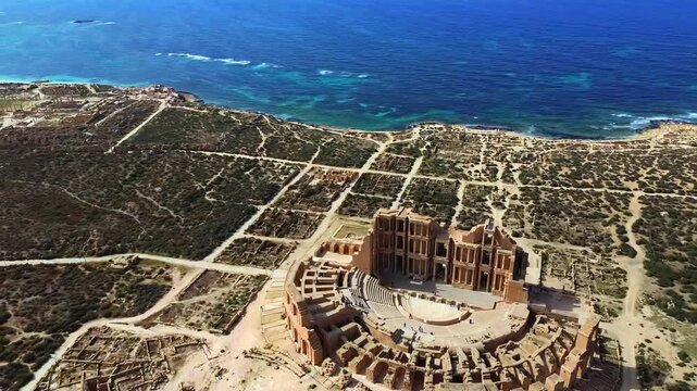 Aerial drone view of the Roman Theatre of Sabratha, one of Libya's most iconic archaeological sites