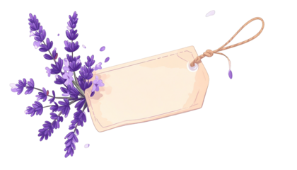 A sprig of purple flowers adorns a tag with a string against a black backdrop