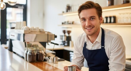Fototapeta premium Smiling young male barista in a modern coffee shop, wearing an apron and holding a metal pitcher, ready to serve customers with a friendly expression
