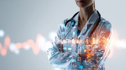 Double exposure medical professional with digital healthcare elements
