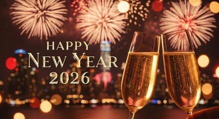 New Year celebration with two glasses of festive gold champagne