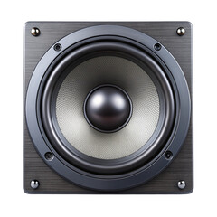 Closeup of a highfidelity audio speaker driver with a dark metallic frame and textured cone, isolated on transparent background
