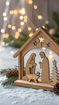 Wooden Nativity Scene with Holy Family and Baby Jesus, Bokeh Background 