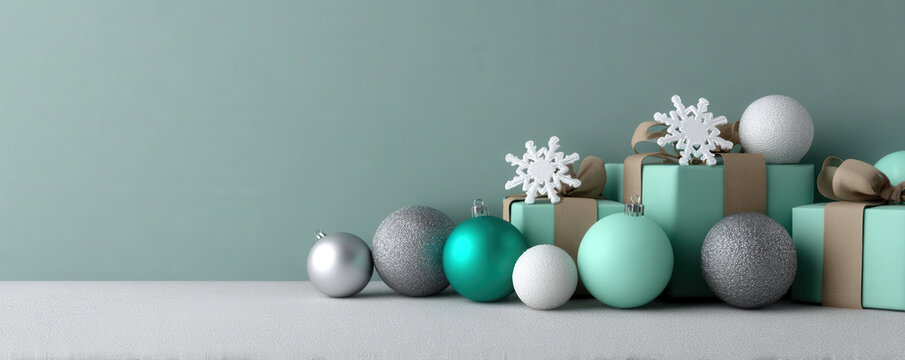 Elegant new year and Christmas decorations with gift boxes, ornaments, and snowflakes on soft green background - Powered by Adobe