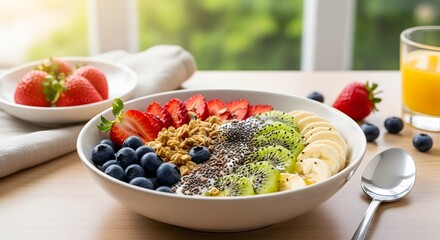 Healthy Breakfast Bowl with Yogurt, Granola, Sliced Strawberries, Blueberries, Kiwi, Chia Seeds, and Banana Slices, Served on a Wooden Table by a Bright Window
