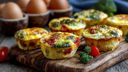 Wholesome and protein-packed egg muffins with a mix of vegetables on a wooden surface, ideal for meal prep visuals