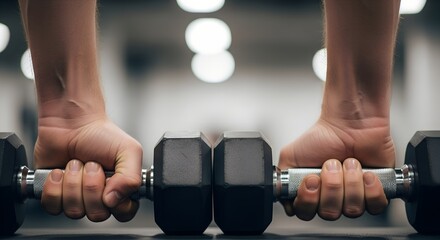 Hands gripping dumbbell during workout in gym environment  