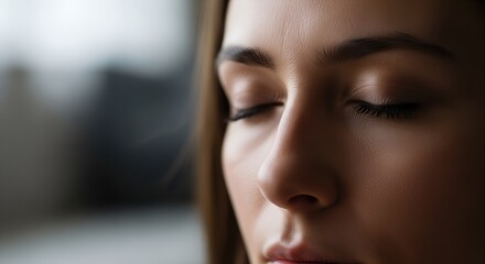 Young woman meditating with closed eyes in a calm indoor space  