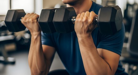 Man lifting dumbbells while exercising in a gym environment  