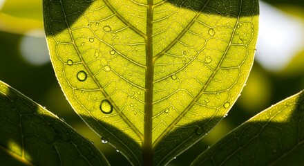 Closeup macro shot of a vibrant green leaf backlit by sunlight showing water droplets and detailed vein structure