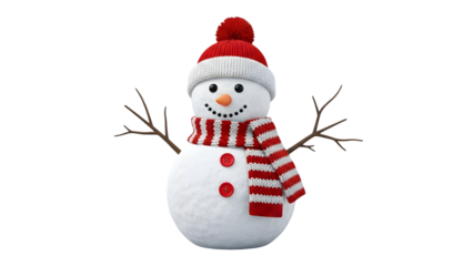 Smiling snowman wearing red hat and striped scarf with twig arms