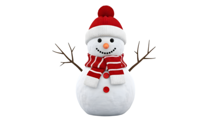 Cheerful snowman wearing red hat and scarf with twig arms