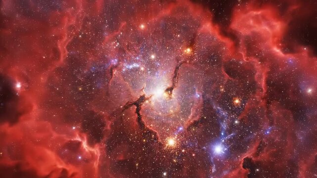 Vast cosmic nebula swirling slowly with bright interstellar dust and radiant crimson gas clouds in a deep, endless space environment universe, dust, swirling slowly