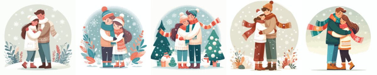 vector of a couple hugging outside in the snow