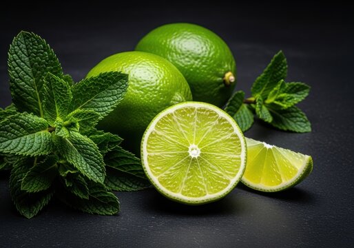 Fresh limes and mint on a dark textured surface