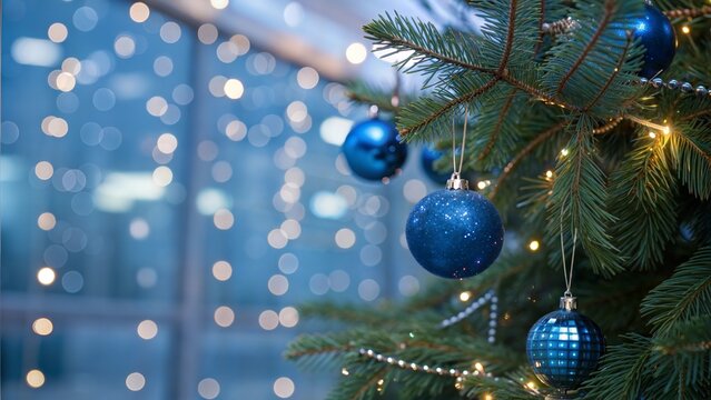 Christmas Tree With Ornaments In Blue - Baubles Hanging On Fir Branches With Glittering And Bokeh Lights In Abstract Defocused Background