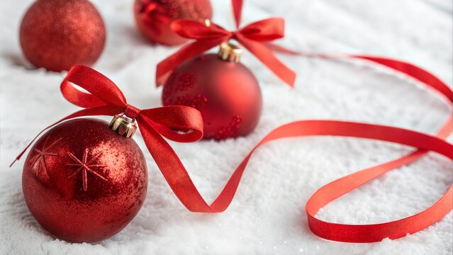 Christmas red decoration baubles with ribbon bow isolated on a white background