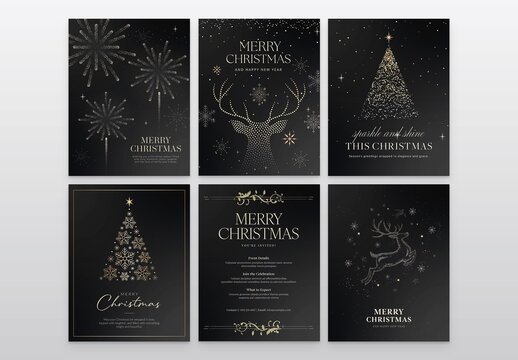 Merry Christmas Poster Flyer Set in Luxury Black & Gold for Festive Holiday & New Years Eve Countdown, NYE Gala Invitation & Xmas Branding