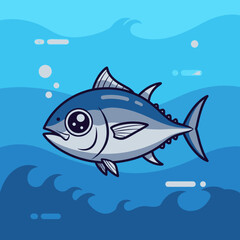Obraz premium Cute cartoon tuna fish swimming in blue ocean water with waves and bubbles.