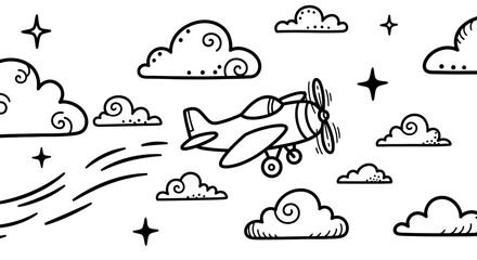 A whimsical illustration of a vintage airplane flying through a sky filled with clouds and stars