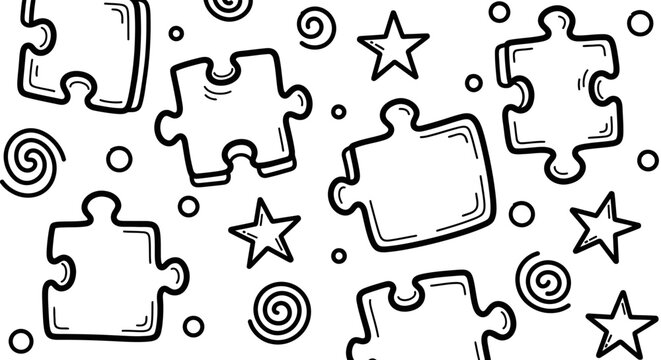 A whimsical pattern featuring puzzle pieces, stars, and swirls on a white background, ideal for playful designs