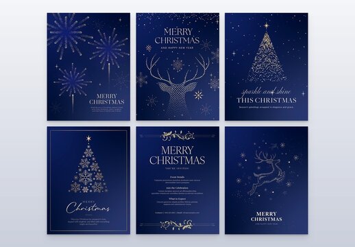 Merry Christmas Poster Flyer Set in Luxury Blue & Gold for Festive Holiday & New Years Eve Countdown, NYE Gala Invitation & Xmas Branding