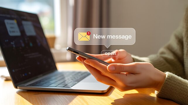 Person receiving new message notification on smartphone while working on laptop
