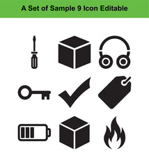 Black icons screwdriver cube headphones key check tag battery fire collection symbol