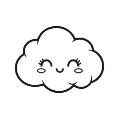Cute sleeping cloud cartoon character. Kawaii doodle with a happy smiling face and closed eyes. Simple black and white vector illustration for kids, isolated on white background.

