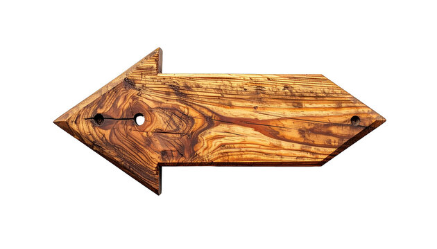 Wooden arrow pointing left, with wood grain and dark background