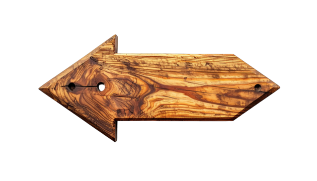 Wooden arrow pointing left, with wood grain and dark background