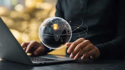 Person using laptop with digital global network hologram for worldwide connectivity
