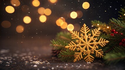 Festive abstract christmas texture, golden bokeh particles and highlights on dark background. High quality photo