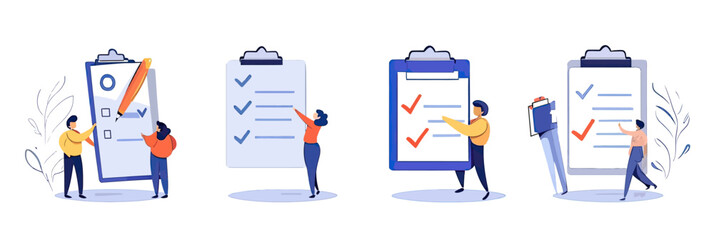 Business people checking off tasks on large clipboards with checklists and pencils in minimalist flat vector illustration set for productivity and planning concepts