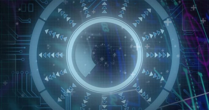 Teal sweep entering top-left, HUD assembling, rotating wedge sweeping, stabilizing for data view