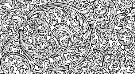 Intricate floral pattern with swirling vines and leaves, suitable for wallpaper or textile design