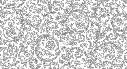 Intricate floral pattern design featuring swirling vines and blossoms on a light background