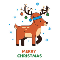 Cute Reindeer Merry Christmas Greeting Card Vector