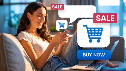 Woman shopping online with smartphone showing sale and buy now digital icons