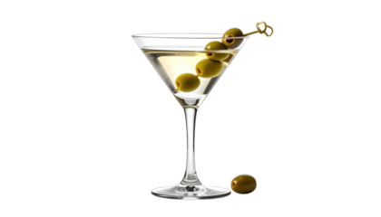 A chilled, classic cocktail in a stemmed glass, garnished with skewered olives