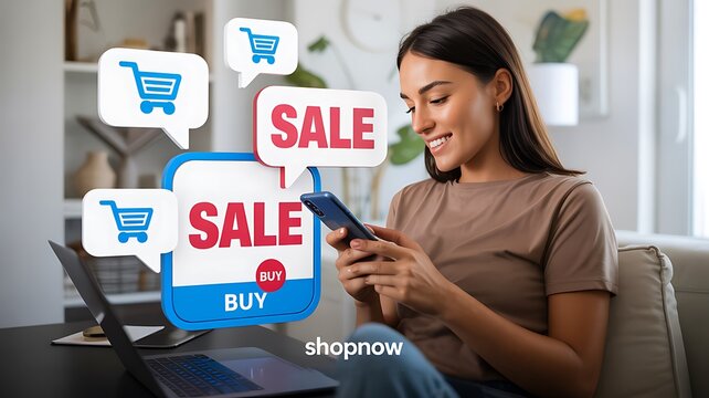 Woman shopping online with smartphone showing sale and buy now digital icons
 - Powered by Adobe