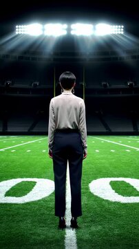 Low-angle dolly push-in video of a gender-neutral business leader in sleek business-casual on emerald-green turf in an empty football stadium at night, dramatic floodlights and leading lines.