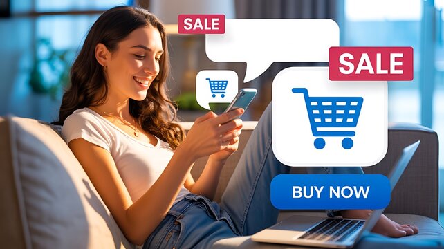 Woman shopping online with smartphone showing sale and buy now digital icons
 - Powered by Adobe