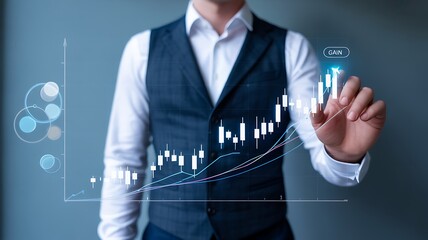 Businessman analyzing digital stock market chart with rising financial trends
