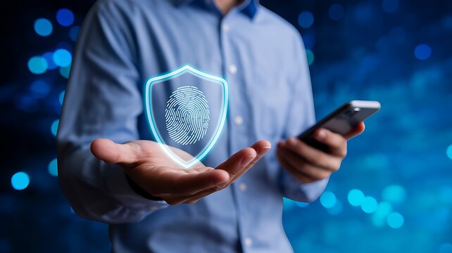 Man holding digital fingerprint shield for secure biometric authentication